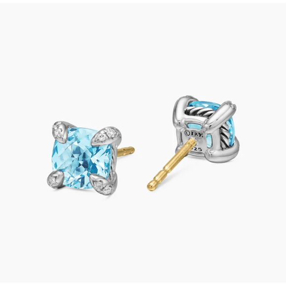 David Yurman Sterling Silver 6mm Chatelaine Stud Earrings Blue Topaz & Diamonds - Picture 3 of 9